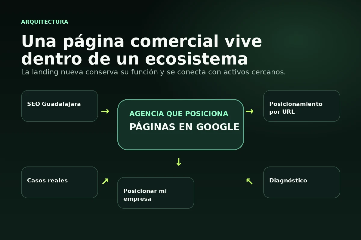 Ecosistema de activos de Publivende conectado con una página comercial de agencia de posicionamiento