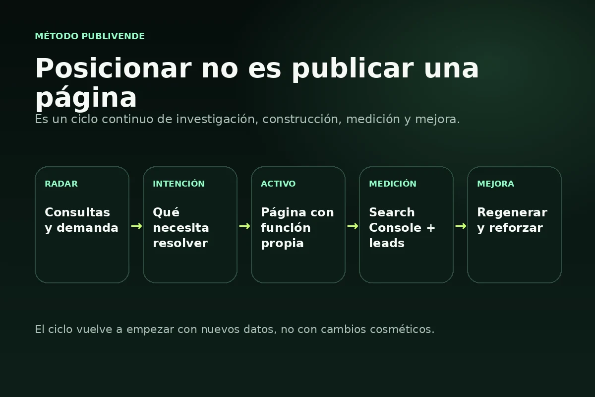 Método de Publivende con radar de búsquedas, intención, activo, medición y mejora