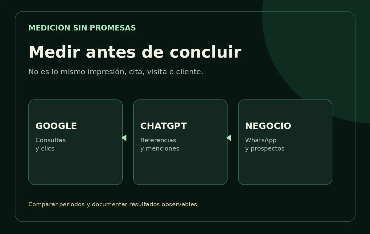 Esquema de medición separado entre búsquedas de Google, referencias de ChatGPT y contactos comerciales