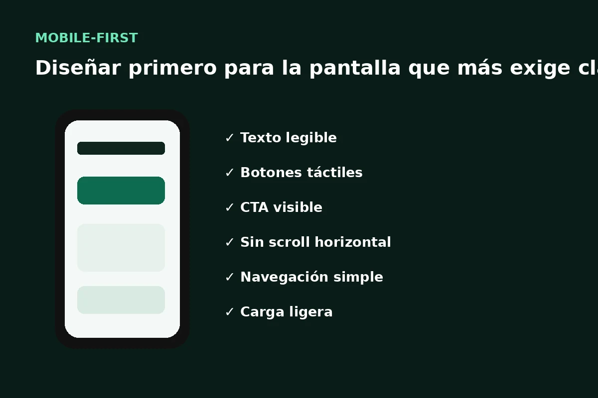 Diagrama mobile-first con texto legible, botones táctiles, CTA visible y navegación simple
