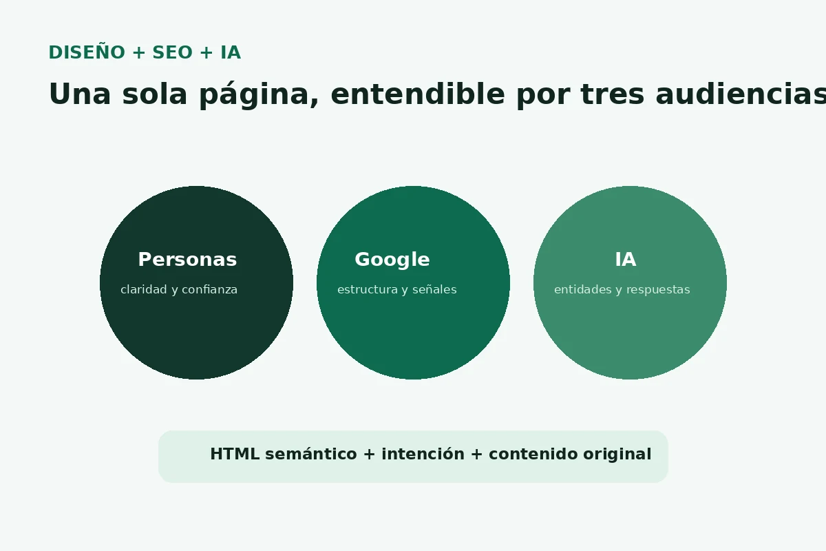 Infografía sobre diseño web comprensible para personas, Google y sistemas de inteligencia artificial