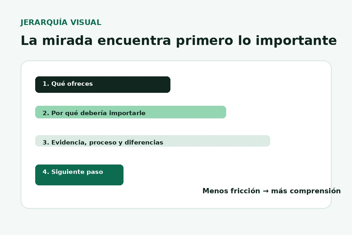 Diagrama de jerarquía visual para diseño web con propuesta, beneficio, evidencia y siguiente paso
