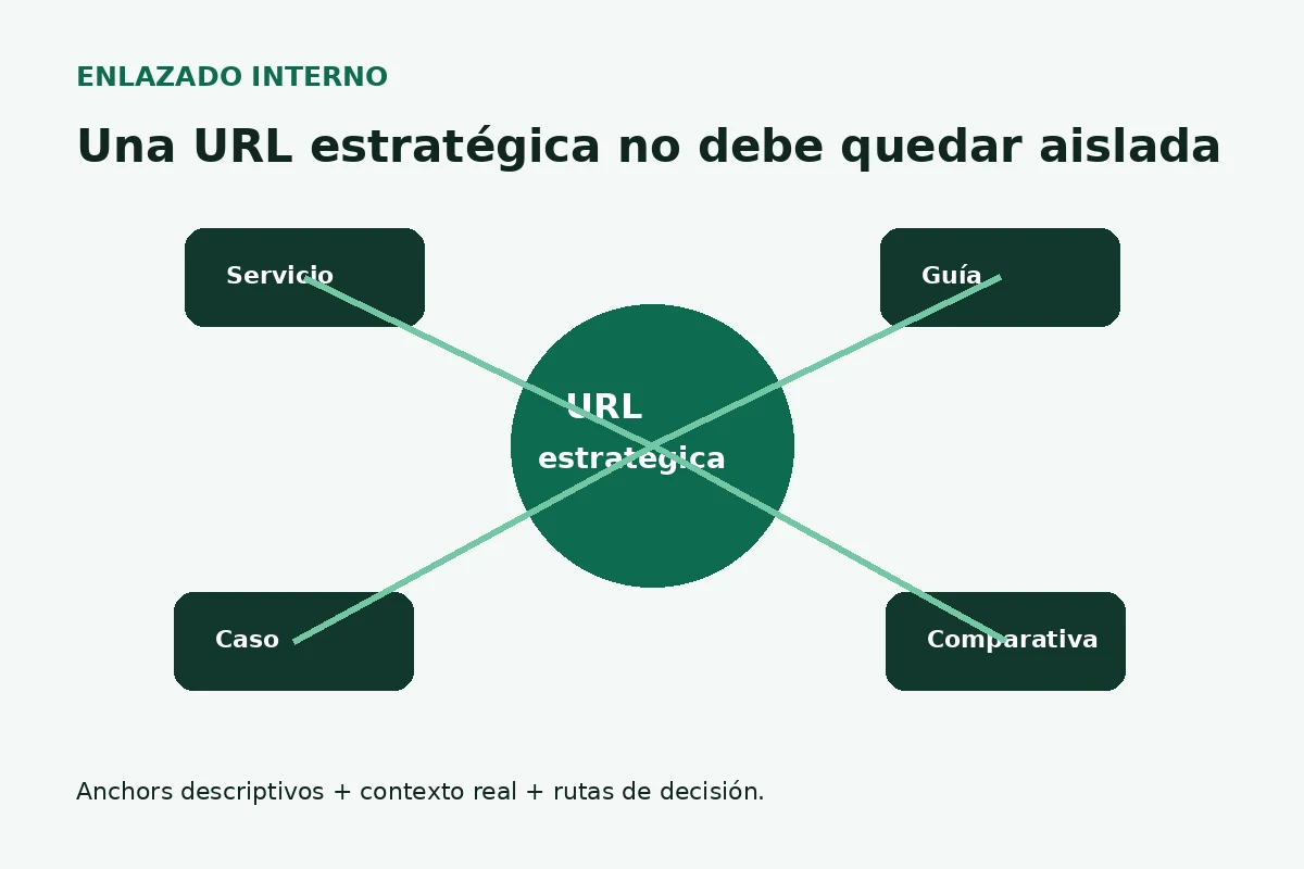 Diagrama de enlazado interno hacia una URL estratégica desde servicio, guía, caso y comparativa