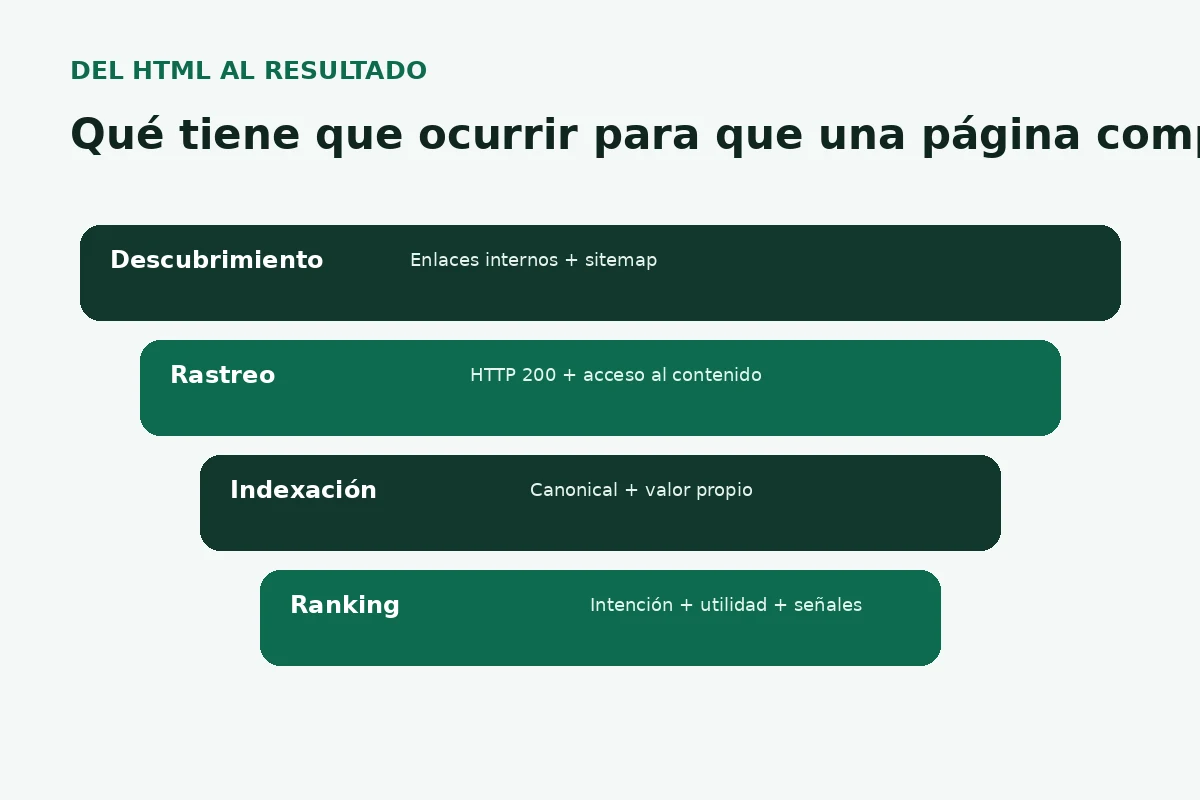 Flujo SEO de descubrimiento, rastreo, indexación y ranking de una página web