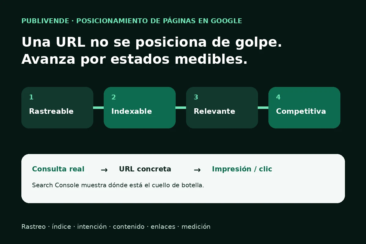 Diagrama del posicionamiento de una página en Google desde rastreo e indexación hasta impresiones y clics