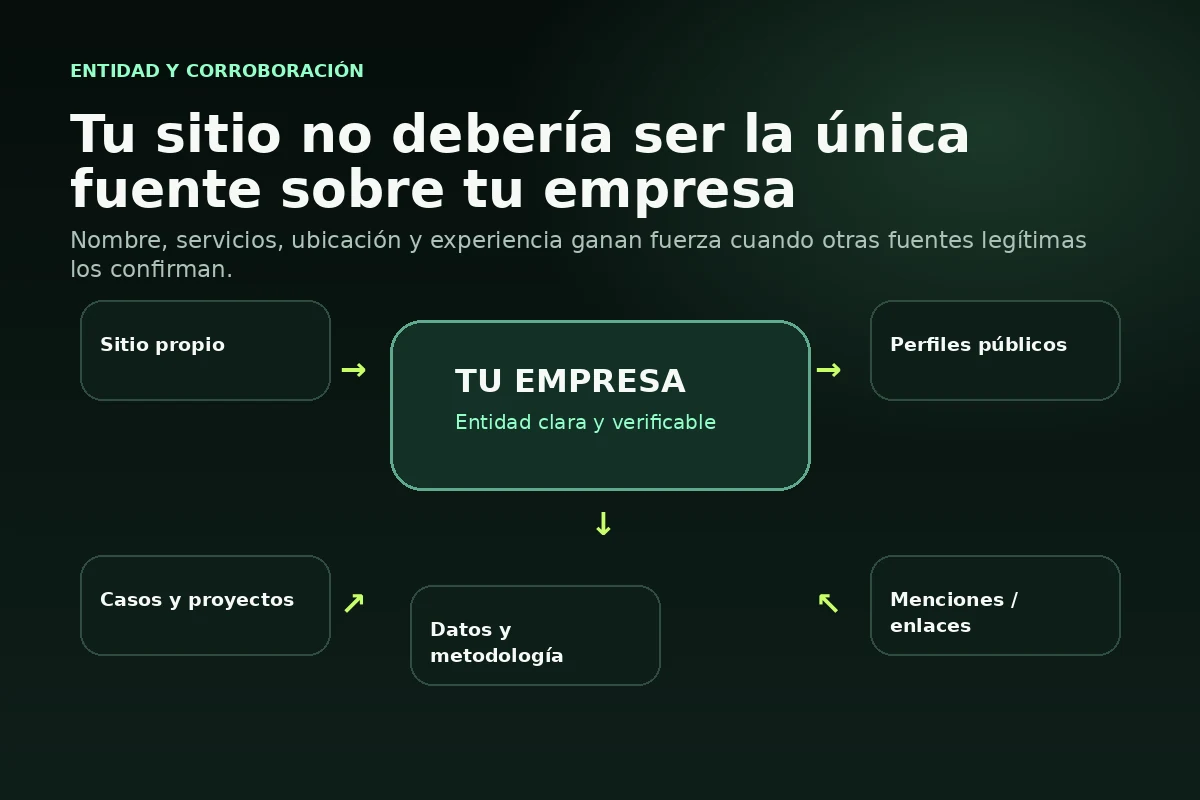Entidad empresarial conectada con sitio propio, casos, perfiles públicos, menciones y datos verificables