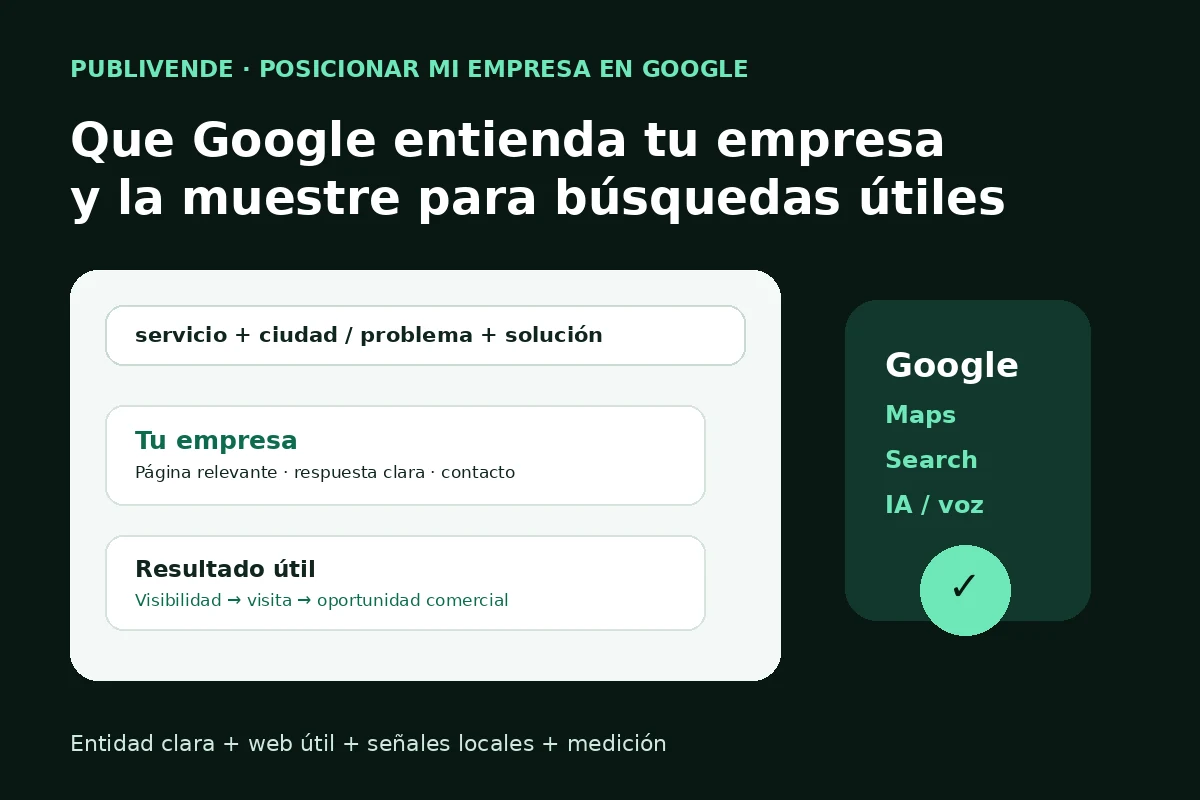 Esquema de posicionamiento de una empresa en Google con búsqueda, resultado web, Maps e inteligencia artificial