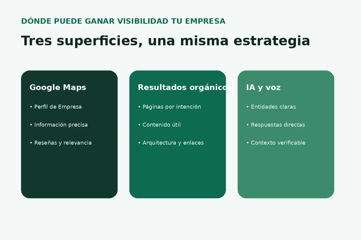 Infografía de Google Maps, resultados orgánicos y búsquedas con inteligencia artificial y voz