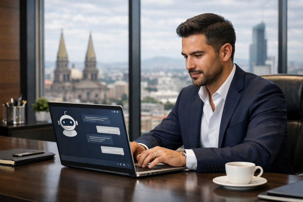 Imagen generada con IA de un entorno empresarial usando un chatbot para atención y ventas.