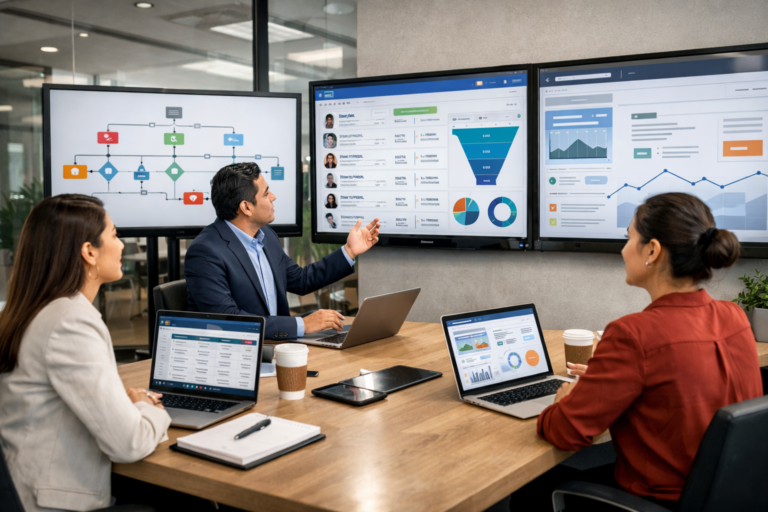Imagen generada con IA de un flujo de seguimiento comercial automatizado para leads.