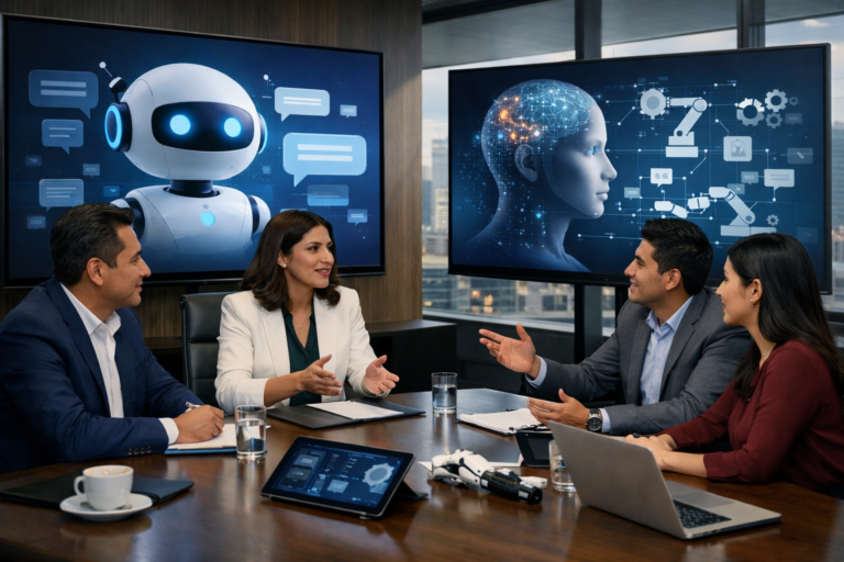 Imagen generada con IA sobre soluciones empresariales con chatbot, automatización e inteligencia artificial.