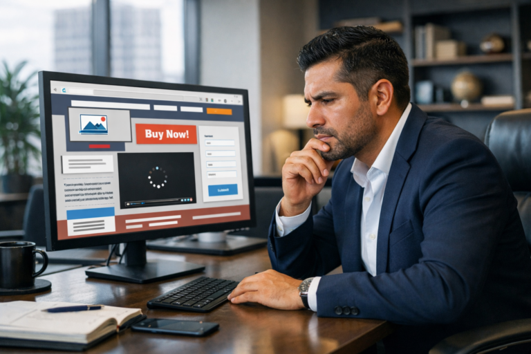 Imagen generada con IA sobre análisis de errores en un sitio web de negocio.